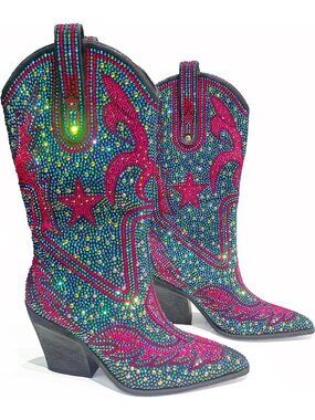 Women's Pink Multi Color Patterned Rhinestone Western Cowgirl Mid Calf Boots